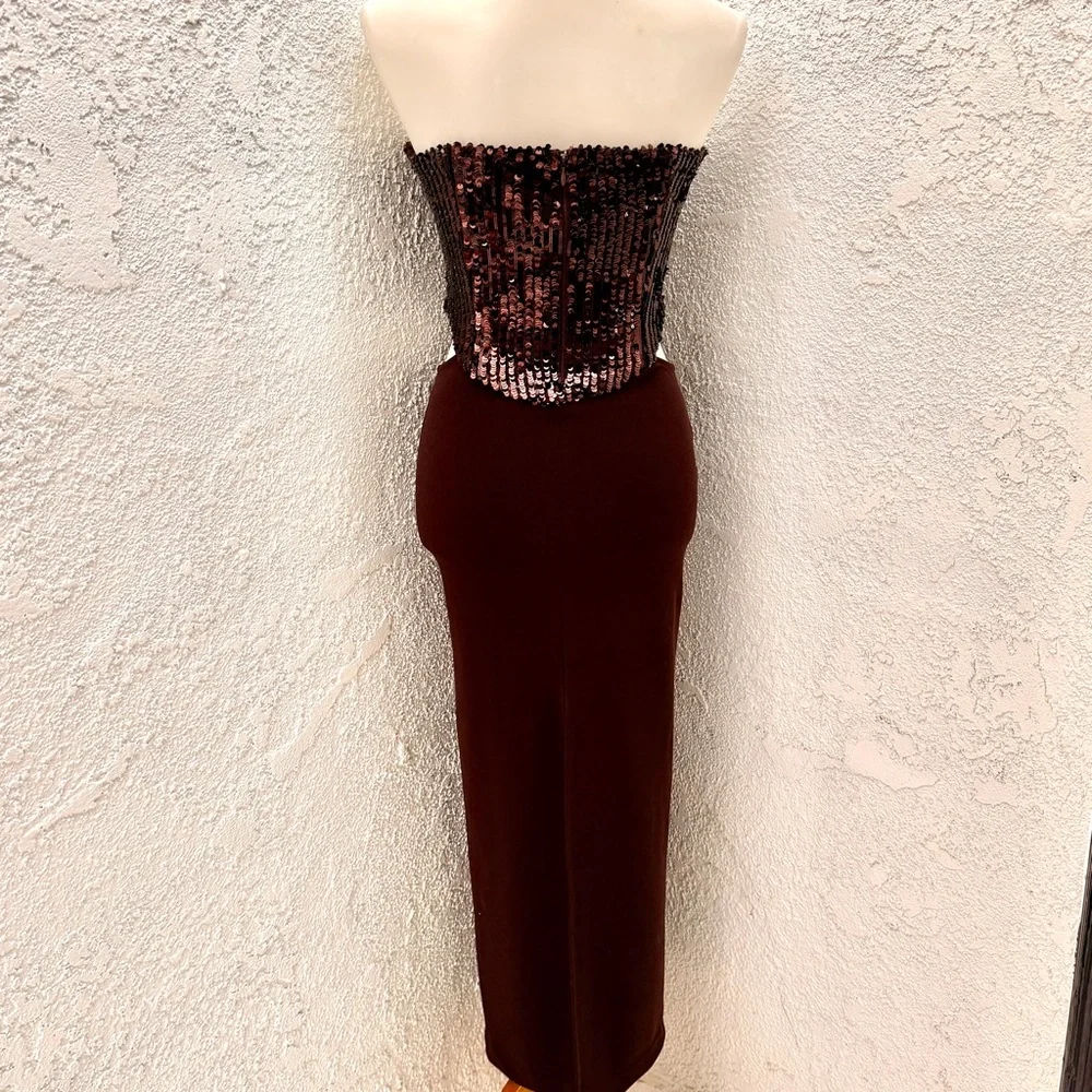 Zara sequin embellished brown Strapless cut out modern fit midi Dress size small - Picture 8 of 16